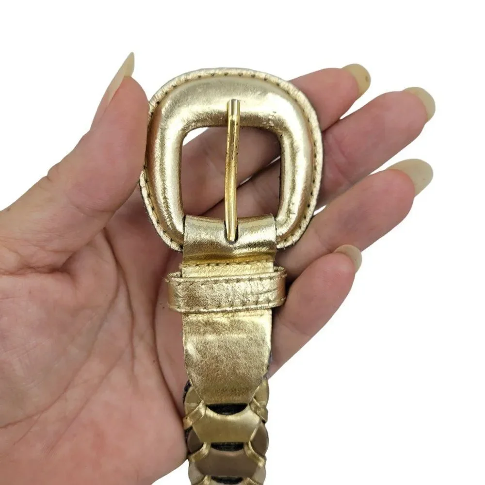 Vtg 70's Belt Leather‎ Metallic Glam Wrap Chain Gold Bronze Cream Sz M - XS